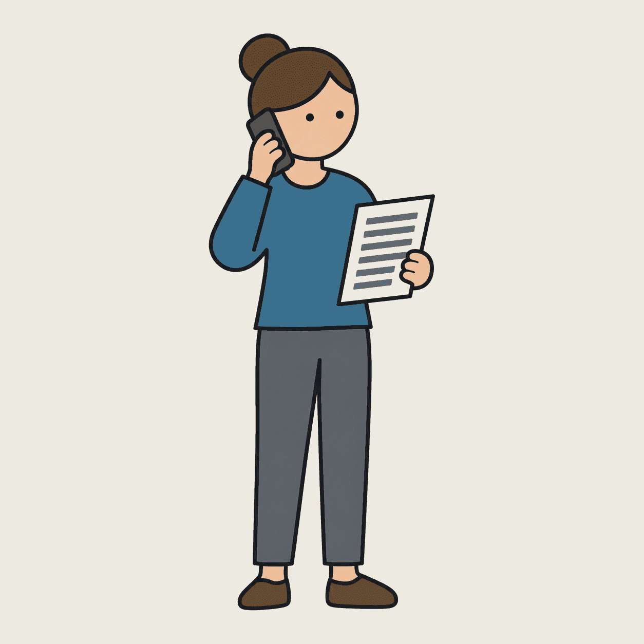 An illustration of a person holding a phone to their ear and a sheet covered in horizontal bars in the other hand.
