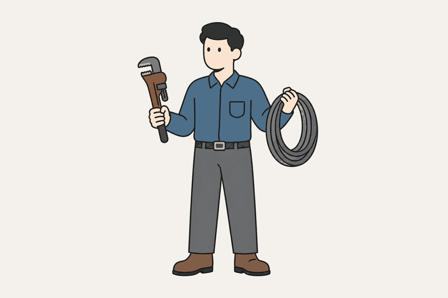 An illustration of one worker holding a pipe wrench in one hand and a coil of cable in the other.